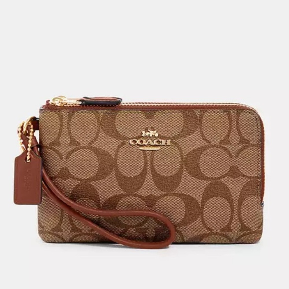 COACH Double Zip Corner Wallet Wristlet in Khaki/Redwood (small) NWT